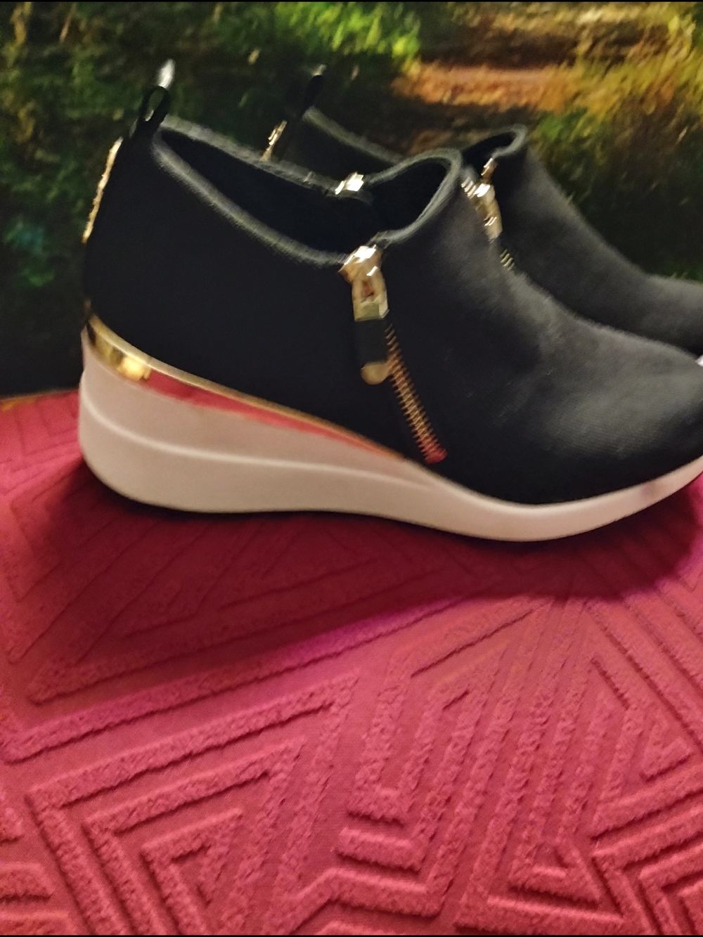 DKNY Black Wedge Slip-On Sneakers with Gold Zip Detail NWOT 11m